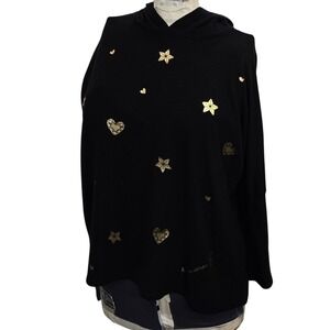 Lauren Moshi Hoodie Girls 12 Black Gold Foil Hearts Stars Diamonds Fits Women XS